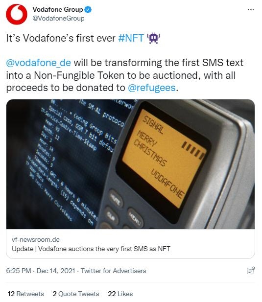 英國(guó)沃達(dá)豐公司也表示，計(jì)劃將拍賣所得全部捐贈(zèng)給聯(lián)合國(guó)難民署，以支持那些被迫逃離家園的人。(圖片來(lái)源：英國(guó)沃達(dá)豐公司社交媒體截圖)
