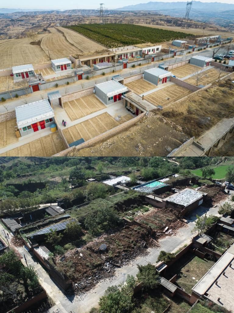 拼版照片，上圖是2022年1月山西省霍州市師莊鄉(xiāng)馮南垣村災后恢復重建后的場景，下圖是2021年10月村莊因災受損的場景。(霍州市委宣傳部供圖)
