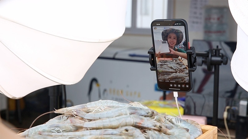 江蘇連云港，村民進(jìn)行直播銷售。范堯攝