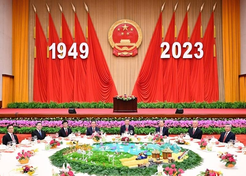 △2023年9月28日，慶祝中華人民共和國(guó)成立74周年招待會(huì)在北京人民大會(huì)堂舉行。