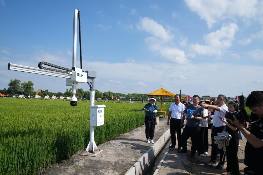 在北大荒集團(tuán)閆家崗農(nóng)場(chǎng)有限公司農(nóng)業(yè)現(xiàn)代化示范區(qū)，工作人員在介紹利用數(shù)字技術(shù)的葉齡診斷儀（2023年8月10日攝）。新華社記者 王建威 攝