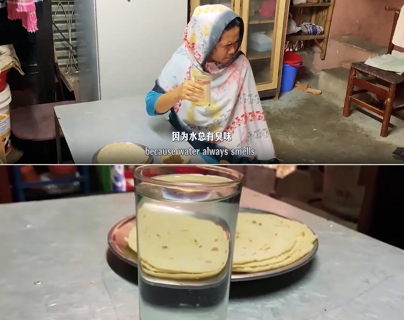 圖為紀(jì)實(shí)短片截圖：上圖為水質(zhì)未改善前，飲用水發(fā)黃渾濁；下圖為水廠建成后，飲用水水質(zhì)明顯改善，清澈透明。