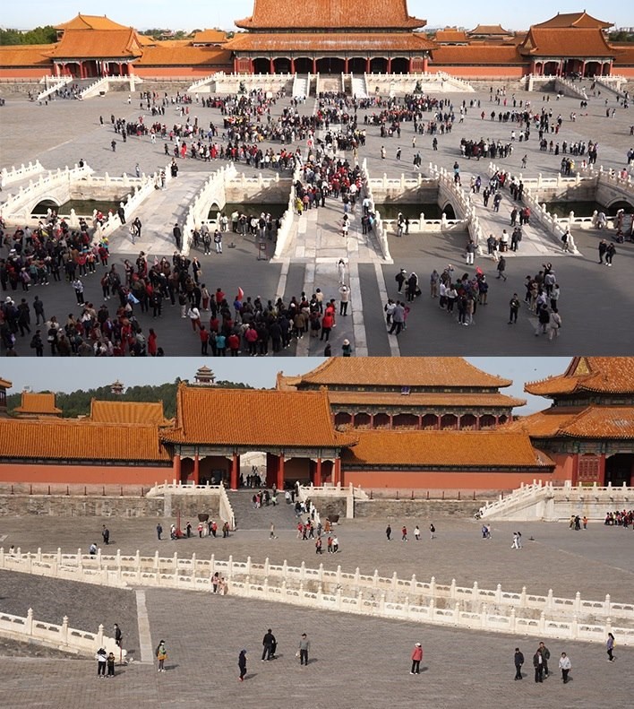 上午9時(shí)和下午13時(shí)的太和門廣場(chǎng)客流對(duì)比。故宮博物院供圖