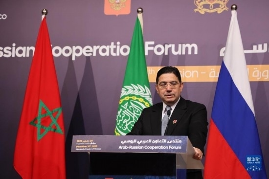 12月20日，在摩洛哥南部城市馬拉喀什舉行的第六屆阿拉伯-俄羅斯合作論壇主議程結(jié)束后，摩洛哥外交大臣布里達(dá)在記者會(huì)上講話。新華社記者霍晶攝