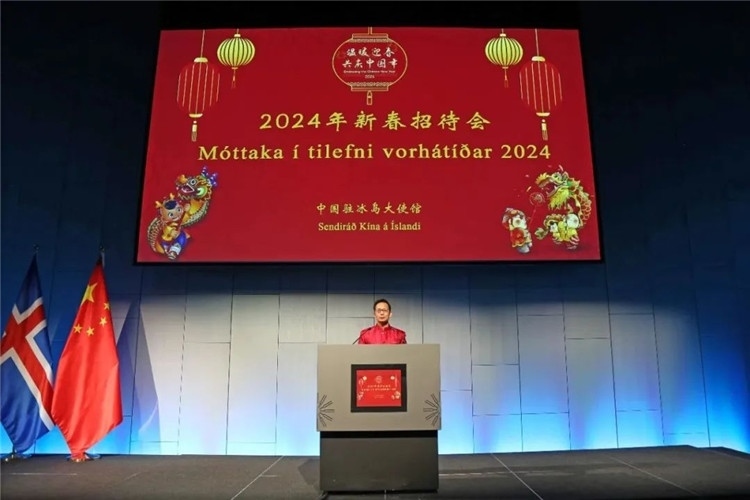 中國(guó)駐冰島大使何儒龍致辭。中國(guó)駐冰島大使館供圖