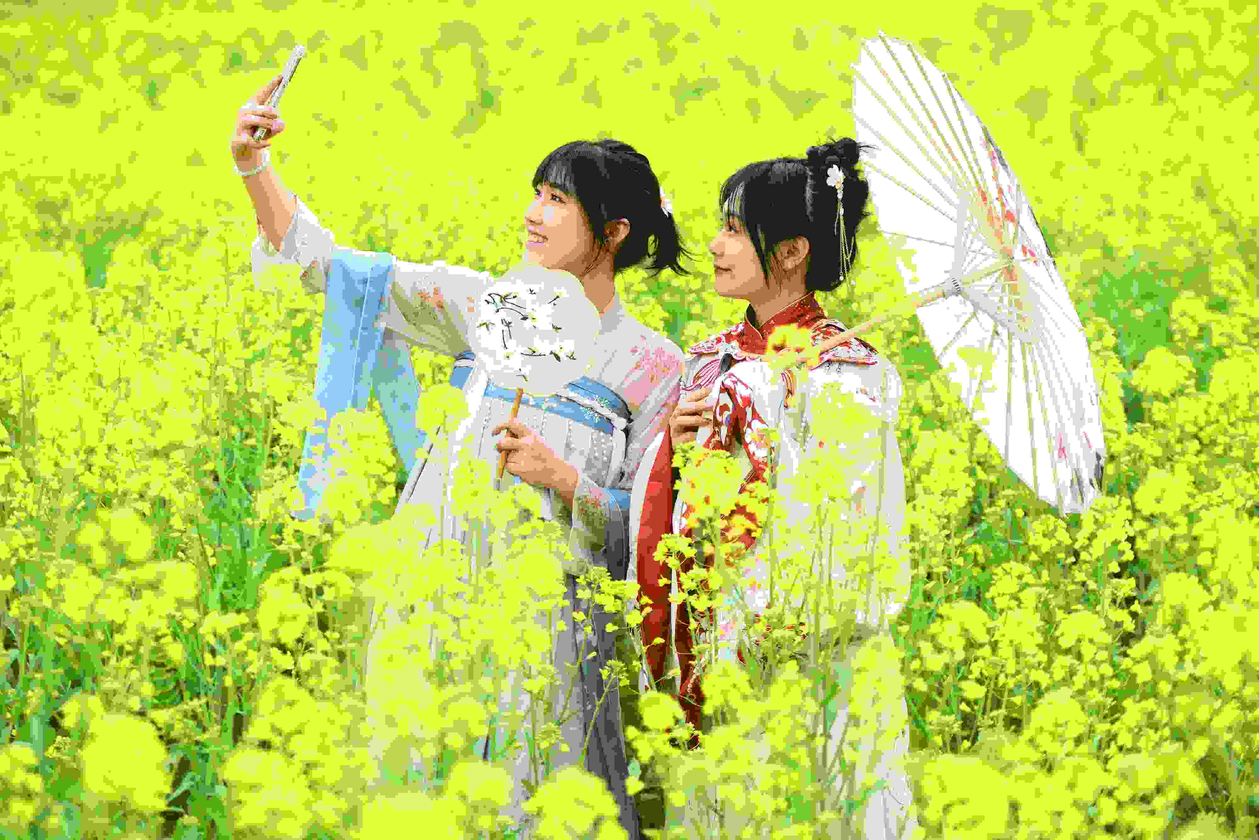 △ 2024年2月16日，廣西賀州，在富川瑤族自治縣麥嶺鎮(zhèn)三民村，游客在油菜花田間賞花拍照。