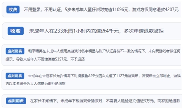 “人民投訴”用戶舉報身份認證成擺設、大額充值無提醒、提供證據(jù)被駁回、商家設置退款障礙等未成年人網(wǎng)游消費亂象。（“人民投訴”平臺截圖）