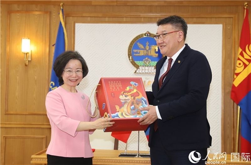 沈大使向扎布赫楞部長贈送吉祥龍。人民網(wǎng)記者 霍文攝