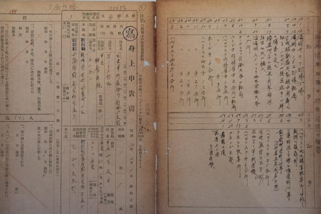 這是7月5日在侵華日軍第七三一部隊(duì)罪證陳列館拍攝的731部隊(duì)林口162支部《身上申告書》（影印件）。新華社記者 張濤 攝