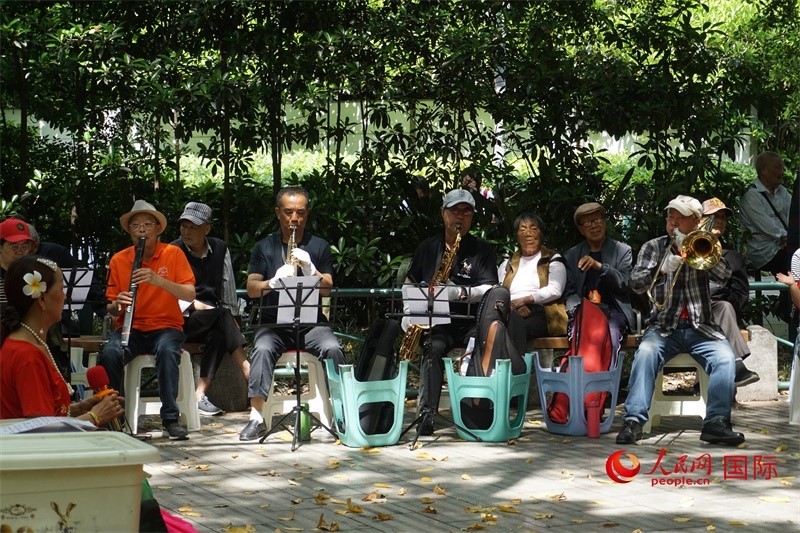 成都居民在公園里演奏歌曲。人民網(wǎng) 王禹蘅攝