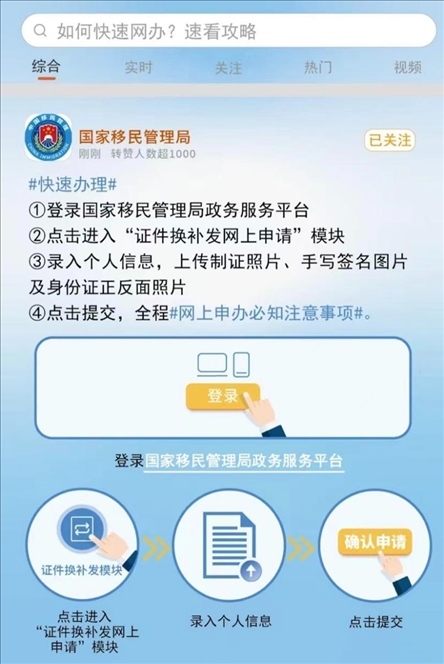 國家移民管理局出入境證件“全程網辦”流程。圖片來源：微信公眾號“國家移民管理局”