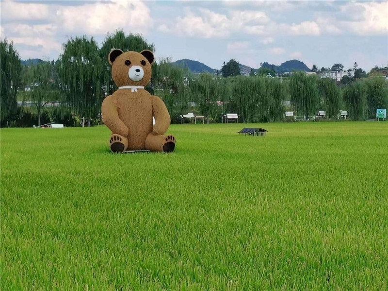 稻穗搖曳，垂柳依依，山嵐多姿，好一幅歲月靜好山鄉(xiāng)恬靜圖。這憨厚俏皮的熊玩偶造型，像是亂入其中，形成現(xiàn)代與傳統(tǒng)、好動(dòng)與寧?kù)o的反差感，讓人過(guò)目不忘，也讓人莞爾一笑。（哈薩克斯坦鳳凰24新聞社總編輯兼首席執(zhí)行官克馬爾·馬山羅攝）