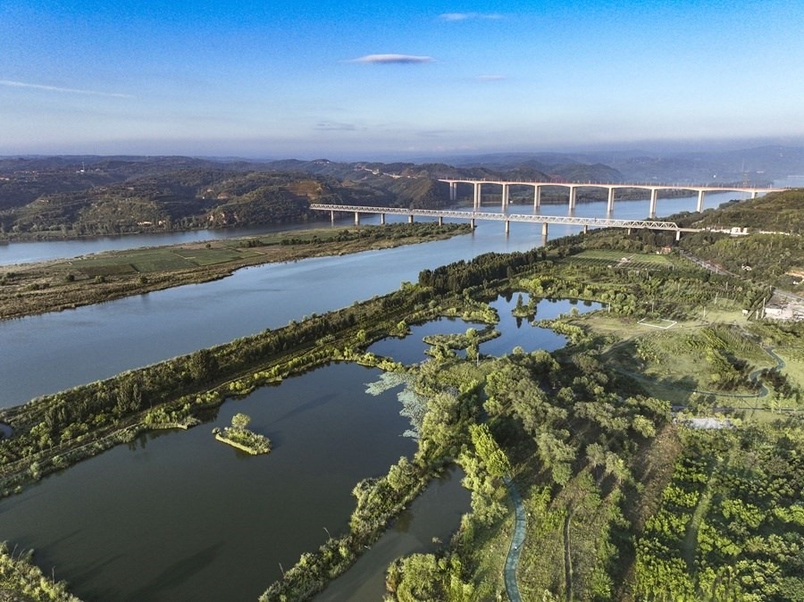 這是2023年8月28日在河南黃河濕地國(guó)家級(jí)自然保護(hù)區(qū)濟(jì)源段拍攝的景色（無(wú)人機(jī)照片）。新華社發(fā) 苗秋鬧 攝