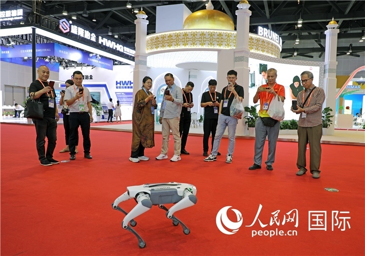東博會(huì)上，觀眾正在參觀一只機(jī)器狗。綠色能源、新能源汽車(chē)、綠色農(nóng)產(chǎn)品等成為本屆東博會(huì)觀眾關(guān)注的焦點(diǎn)。人民網(wǎng)記者 趙益普攝
