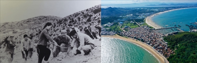 拼版照片：左圖為東山縣群眾在荒山上種植樹苗（資料照片）；右圖為2020年6月18日拍攝的東山縣陳城鎮(zhèn)澳角村附近風(fēng)光（無人機(jī)照片，新華社記者 姜克紅 攝）。