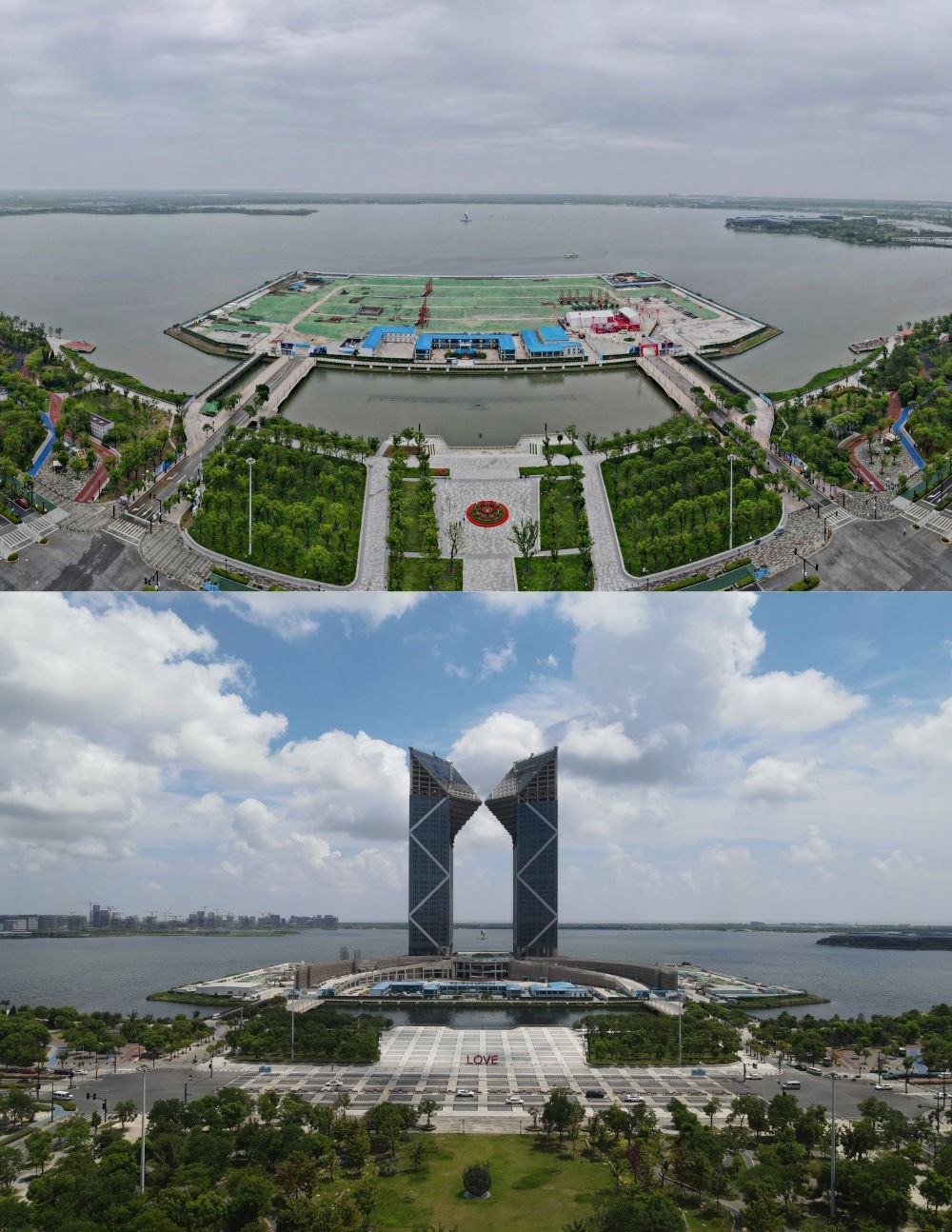 拼版照片：空中俯瞰中國（上海）自由貿(mào)易試驗(yàn)區(qū)臨港新片區(qū)滴水湖西島中銀金融中心項(xiàng)目現(xiàn)場（上圖為2021年6月20日攝，無人機(jī)照片；下圖為2024年8月14日攝，無人機(jī)照片）。2019年8月20日，臨港新片區(qū)揭牌成立，一個(gè)開放新高地在長江與東海交匯處日益崛起。