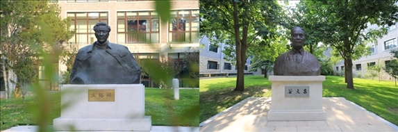 △左圖為中央黨校（國家行政學(xué)院）校園內(nèi)的焦裕祿雕塑，右圖為校園內(nèi)的谷文昌雕塑。