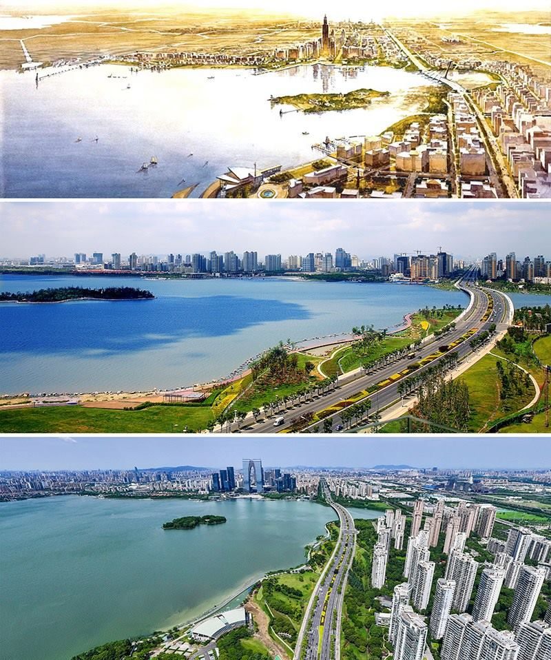 拼版照片：上圖為1994年繪制的蘇州工業(yè)園區(qū)手繪規(guī)劃圖；中圖為2007年拍攝的蘇州工業(yè)園區(qū)；下圖為2023年7月4日用無人機拍攝的蘇州工業(yè)園區(qū)。