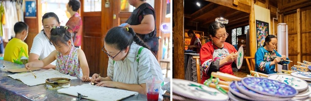 左圖：近期，游客在黎平縣肇興侗寨體驗非遺蠟染藝術(shù)（黎平縣委宣傳部供圖）；右圖：這是2024年拍攝的繡娘在十八洞村梨子寨苗繡鄉(xiāng)村振興示范基地制作苗繡產(chǎn)品（湘西州委宣傳部供圖）。