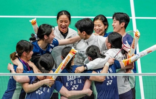 5月3日，韓國隊慶祝晉級決賽。新華社記者 孫非 攝